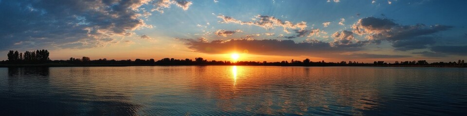 Fototapeta premium Panoramic view of a beatiful lake at sunset with a blue sky and clouds