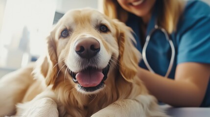 Veterinarian examining pet dog, caring professional, health assessment, stethoscope. AI generated