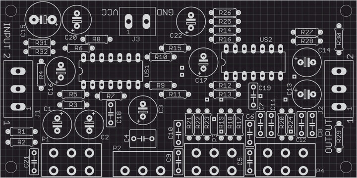 Placement of components of radio elements (contact
pads and seats) on printed circuit board of electronic device. Vector engineering 
drawing of pcb. Electric background. Computer technic cad design.