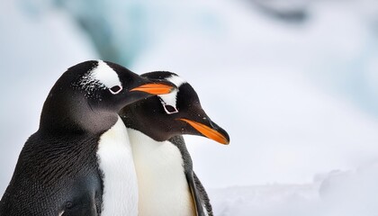 Naklejka premium Two penguins huddle close in the snow.