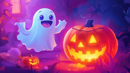 A Smiling Ghost and a Jack-o'-Lantern in a Purple Forest