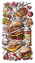 Delight in a colorful assortment of playful fast food doodles like pizza, burgers, and ice cream