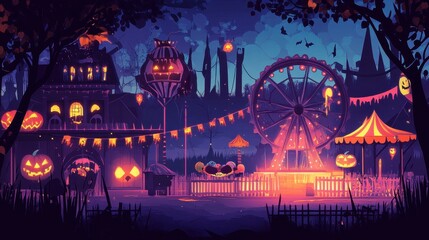 Halloween carnival at night with haunted house and Ferris wheel