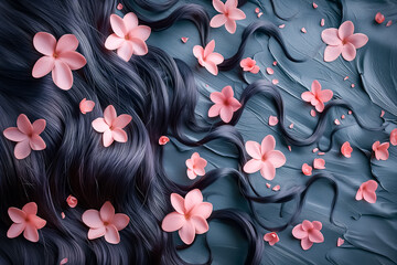 Dark hair cascades beautifully, interspersed with soft pink flowers on a smooth blue surface. The arrangement creates a tranquil and artistic ambiance