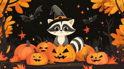 Raccoon in Witch Hat with Jack-o'-Lanterns and Bats for Halloween