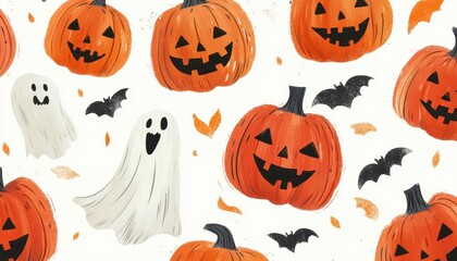 Halloween Pattern with Pumpkins, Ghosts, and Bats