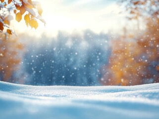 Beautiful winter background with falling snow and sunlight in the forest. Christmas wallpaper with free space for text