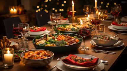 A top-down view of a beautifully set Christmas Eve table, featuring food and beverage