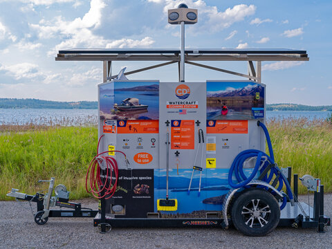 Georgetown Lake, Montana, USA - August 16, 2024: A mobile CD3 Watercraft Cleaning Station in the parking lot by the lake