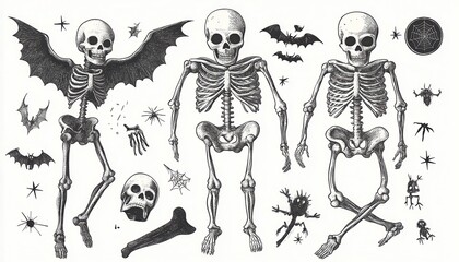 Fototapeta premium Hand-Drawn Skeletons, Bats, Spiders, and Stars on a White Background