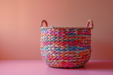 Fototapeta premium Colorful woven basket with vibrant patterns against a soft pink background