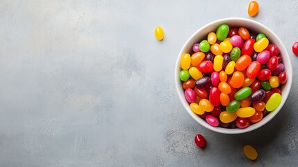 A vibrant bowl of colorful jelly beans on the right side, with the left side left clear for text. Perfect for candy promotions, festive events, and sweet treats.