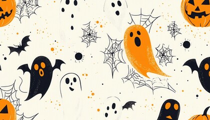 A Seamless Pattern Featuring Halloween Ghosts, Pumpkins, and Bats