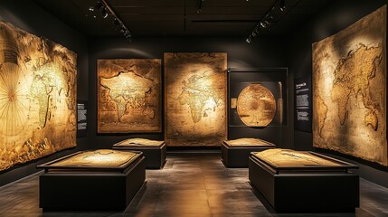 Ancient civilization maps displayed in a museum with educational information and context