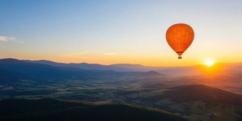 A glorious view of a hot air balloon floating gracefully over a lush valley as the sun rises in the background, illustrating adventure, freedom, and the beauty of nature.