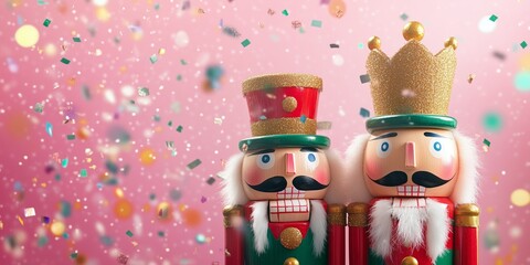 Fototapeta premium Two wooden nutcracker dolls with flying red gold and green metallic confetti, Christmas theme, red, green, and white colors