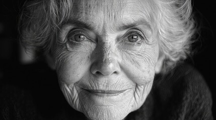 Close-up black and white portrait of an old woman at the table in the home.
