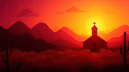 Fototapeta premium A tranquil sunset view with a silhouetted church, mountains, and cacti, evoking serenity and spiritual beauty in nature.