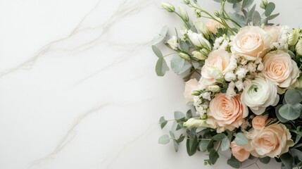 A stunning bridal bouquet with pastel flowers on the right side, leaving space on the left for text. Ideal for wedding, floral, and celebration themes.
