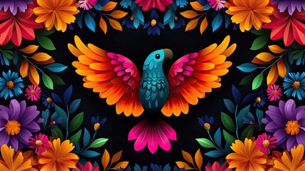 Obraz premium A vibrant and colorful bird surrounded by a floral design, combining nature's beauty with artistic expression.