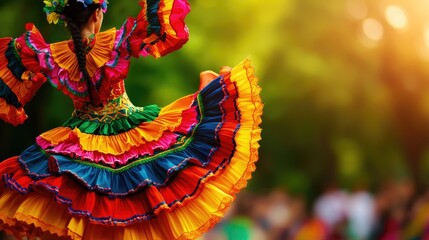 Fototapeta premium A vibrant dancer in a colorful traditional dress twirls gracefully, surrounded by a lush green background, capturing cultural beauty.