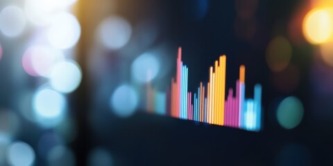 Vibrant bar chart illustration with a blurred bokeh background in varied colors, representing statistical data, analytics, and business insights.