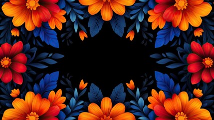 A vibrant floral frame featuring colorful flowers and leaves on a dark background, perfect for invitations and creative designs.