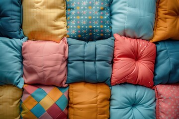 Vibrant patchwork quilt texture showcasing colorful cushions laid out creatively