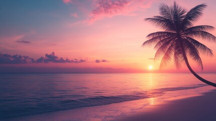 A stunning beach sunset with a silhouette of a palm tree on the right side, leaving space on the left for text. Ideal for travel, relaxation, and tropical themes.