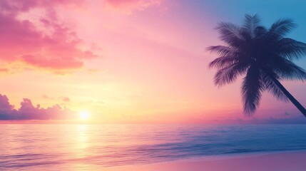 A stunning beach sunset with a silhouette of a palm tree on the right side, leaving space on the left for text. Ideal for travel, relaxation, and tropical themes.