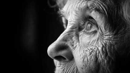 Close-up black and white portrait of an old woman at the table in the home.