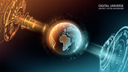 Abstract tech vector background. Hologram of planet Earth. Global map. Science and modern innovative technologies. Futuristic software radar. Hi-tech illustration. Perspective. Energy load scale. 