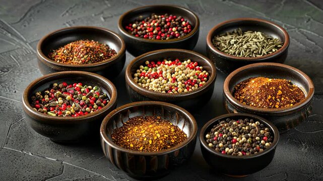Exploring a colorful array of spices and herbs in traditional bowls on a rustic kitchen table