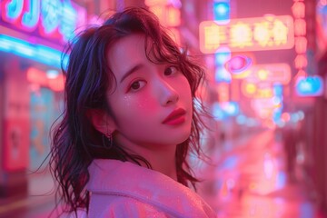 A dreamy moment on a neon-lit street, where colors dance under city lights at night