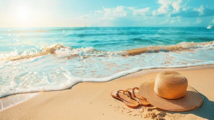 A high-quality stock image of a beach scene featuring a sun hat and flip-flops on the right side, with a clear and open space on the left side for text. Ideal for summer, vacation, and travel content.