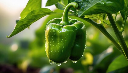 Green pepper on vine with dew