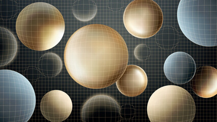 Vector abstract dark background. Golden and silver glowing balls under wireframe grid. 80s style. 3D effect. Realistic blur and glow effect.