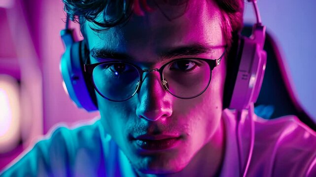 A young gamer immersed in a competitive match with colorful lighting in a modern gaming setup