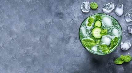 A high-quality AI-generated stock image of a refreshing cucumber and mint cooler on the right side, with space on the left for text. Perfect for health, summer drinks, and beverage content.
