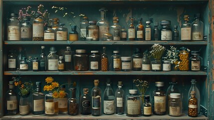 Vintage Bottles on a Shelf: A Still Life of Antique Pharmacy Items