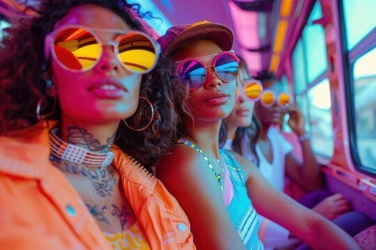 Vibrant party bus experience with friends enjoying music in bright summer colors