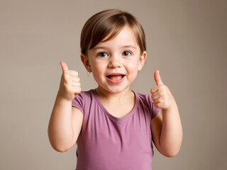 Smiling young child curly hair giving thumbs up gesture showing happiness approval. AI generated
