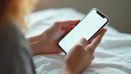 Close up of a person using mobile smart phone, widescreen 16:9, 300 dpi, with free space for text