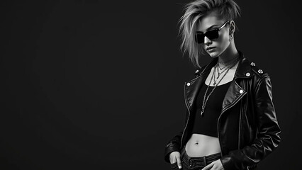 Naklejka premium Photo of a rocker punk girl wearing sunglasses, widescreen 16:9, 300 dpi, with free space for text