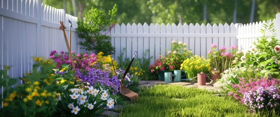 Beautiful garden with a white picket fence and multiple flowers