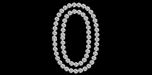 Silver Rhinestone Diamonds Alphabet Letter 0 Luxury Text Design Vector Illustration, Capital Diamonds Letter 0 On Black Background.	