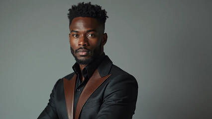 Obraz premium Portrait of fashionable afro-american man in jacket, widescreen 16:9, 300 dpi, with free space for text