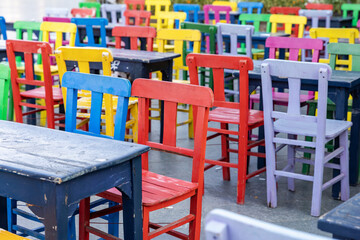 Turkey. Kash. Tables and chairs in an outdoor cafe.