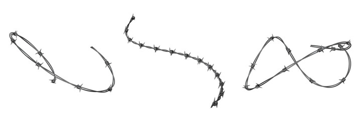 3D Set of Barbed Wire with Sharp Steel Spikes, Isolated on Transparent Background for Security and Industrial Use