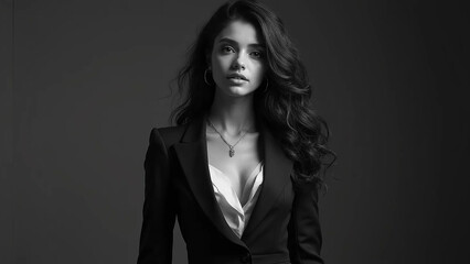 Sexy elegant black and white portrait of young beautiful woman, widescreen 16:9, 300 dpi, with free space for text